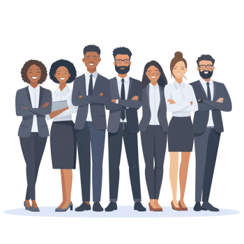 Diverse team of professionals standing confidently together in business attire, showcasing unity and teamwork against a white background. png