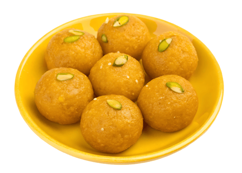 Delicious Motichoor Ladoo sweets on yellow plate png