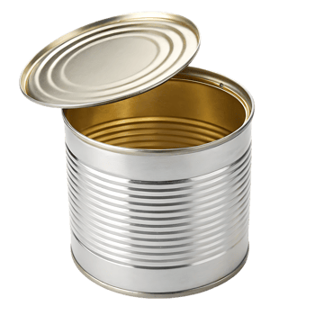 Empty tin can, open top, metal container. png
