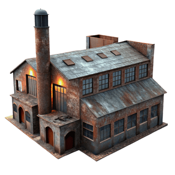 vibrant vintage An abandoned industrial factory, rusty metal, broken windows, eerie atmosphere, dimly lit, photorealistic, authentic png