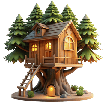 glorious standout Treehouse built into giant sequoia, warm evening light, rustic style, digital art, png