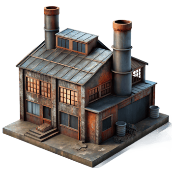 bold dazzling An abandoned industrial factory, rusty metal, broken windows, eerie atmosphere, dimly lit, photorealistic, impeccable png