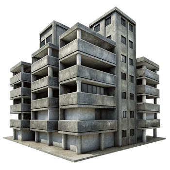 glorious bold geometric Brutalism inspired concrete apartment complex, overcast sky, gritty realism, muted colors, expertly shot png