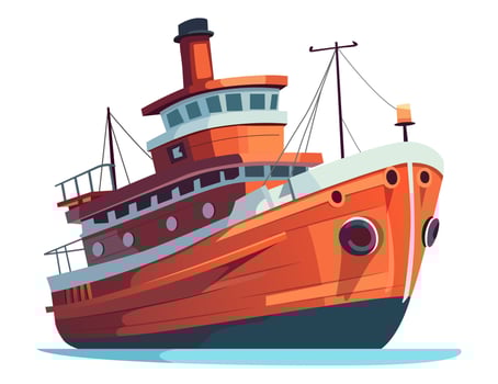Fishing boats side view icon. Commercial fishing trawlers for industrial seafood production illustration in flat style. Vintage marine ships, sea or ocean transportation vector