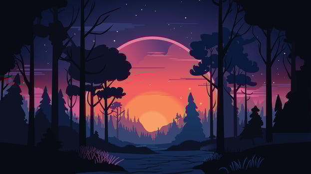 Cartoon night forest. Wood with flying fireflies. Dark tree trunks and foliage. Nighttime landscape. Woodland panorama. Wild nature scenery. fairy tale illustration vector