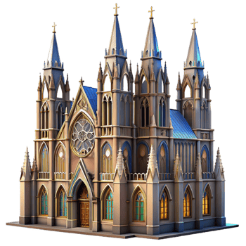 dazzling whimsical futuristic A towering Gothic cathedral, intricate stained glass windows, dramatic lighting, highly detailed, photorealistic, museum quality png