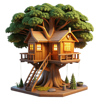 nostalgic captivating Treehouse built into giant sequoia, warm evening light, rustic style, digital art, fine detail png