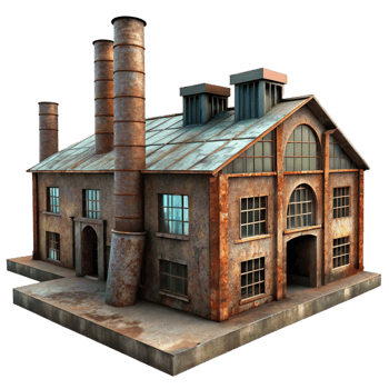 harmonious breathtaking An abandoned industrial factory, rusty metal, broken windows, eerie atmosphere, dimly lit, photorealistic, detailed png
