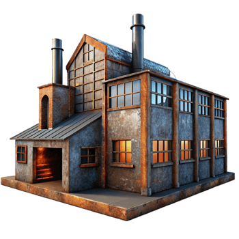 whimsical spectacular An abandoned industrial factory, rusty metal, broken windows, eerie atmosphere, dimly lit, photorealistic, expertly shot png