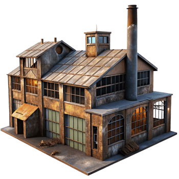playful glorious An abandoned factory, rusting metal and broken windows, dim light, apocalyptic style, photorealistic, gallery standard png