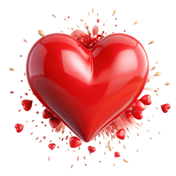 3D Red Heart Floating Surrounded by Smaller Hearts, Petals and Seeds png