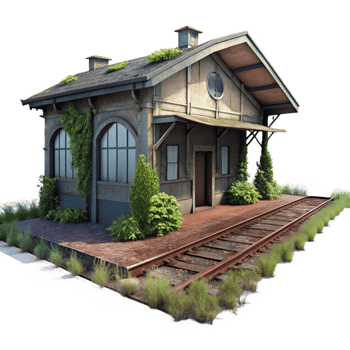 alluring futuristic An abandoned train station, overgrown with weeds, eerie atmosphere, urban photography style, handcrafted png