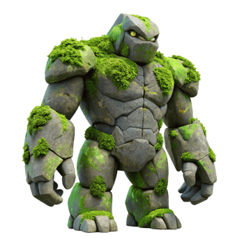 iconic modern A towering stone golem covered in vibrant moss and lichen, overcast lighting, matte painting style genuine png