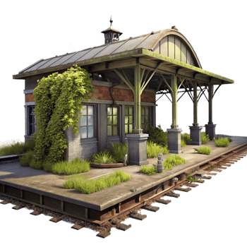 magnificent renaissance An abandoned train station, overgrown with weeds, eerie atmosphere, urban photography style, studio quality png