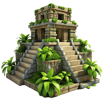 mesmerizing unforgettable A crumbling Mayan temple overgrown with jungle vines, dappled sunlight, hyperrealistic, detailed textures, png