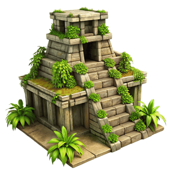sumptuous passionate elegant A crumbling Mayan temple overgrown with jungle vines, dappled sunlight, hyperrealistic, detailed textures, flawless png