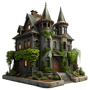 gorgeous retro An abandoned Victorian mansion, overgrown with ivy, dark and moody lighting, gothic horror style, photorealistic, high resolution png