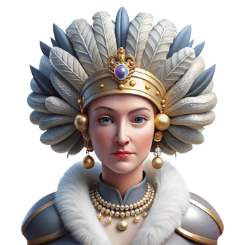 alluring futuristic Portrait of a regal queen with an elaborate headdress adorned with jewels and feathers, dramatic chiaroscuro lighting, baroque style fine detail png