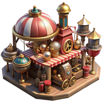celebrated creative A bustling steampunk marketplace, filled with quirky vendors and bizarre inventions, diffused daylight, vibrant, painterly style top tier png