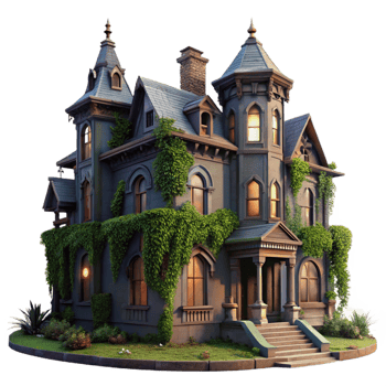 coveted impressionist A dilapidated Victorian mansion, overgrown with ivy, dusk lighting, eerie atmosphere, gothic style, sharp png