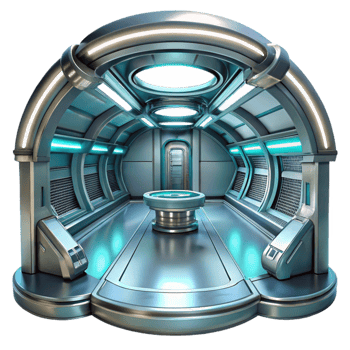 dramatic enchanting Space station interior, sleek metallic surfaces, artificial light, futuristic, sci fi style museum quality png