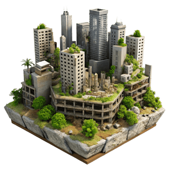 melancholic sumptuous A desolate, post apocalyptic cityscape, crumbling buildings, overgrown with vegetation, eerie atmosphere, refined png