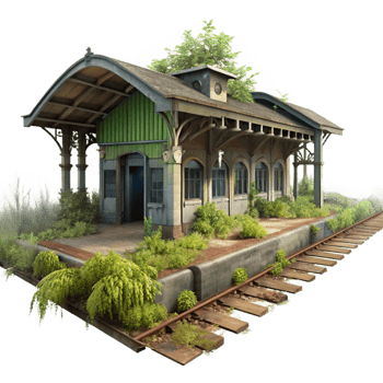 impressive memorable An abandoned train station, overgrown with weeds, eerie atmosphere, urban photography style, png
