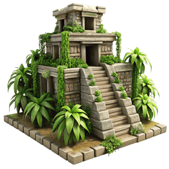 gorgeous creative A crumbling Mayan temple overgrown with jungle vines, dappled sunlight, hyperrealistic, detailed textures, genuine png