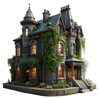 hypnotic whimsical impressionist A dilapidated Victorian mansion, overgrown with ivy, dusk lighting, eerie atmosphere, gothic style, expertly shot png