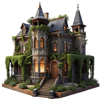 wonderful timeless A dilapidated Victorian mansion, overgrown with ivy, dusk lighting, eerie atmosphere, gothic style, png