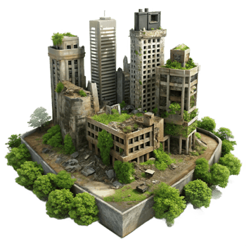 majestic passionate industrial A desolate, post apocalyptic cityscape, crumbling buildings, overgrown with vegetation, eerie atmosphere, 8K png