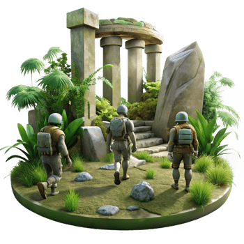 extraordinary remarkable A group of explorers discovering ancient alien ruins, overgrown with vegetation, mysterious and atmospheric, digital painting style png