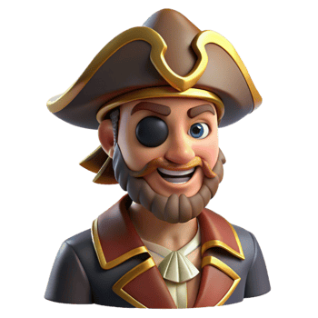 pristine playful artistic Portrait of a charismatic pirate captain with an eye patch, a tricorne hat, and a mischievous grin. Warm, golden lighting. Digital painting style high quality png