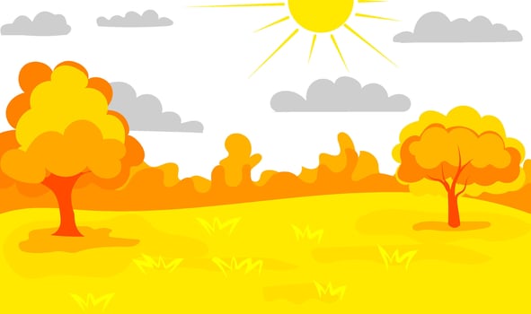 Bright and cheerful illustration depicting a sunny landscape filled with yellow fields, orange trees, and fluffy clouds. Ideal for nature-themed projects or backgrounds vector