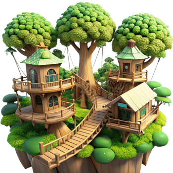 wonderful nostalgic mid century Giant treehouse village connected by rope bridges, lush green foliage, dappled sunlight, fantasy art style, precision png