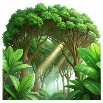picturesque iconic A lush, green rainforest canopy viewed from below, dappled sunlight filtering through dense foliage, vibrant and detailed in a photorealistic style png