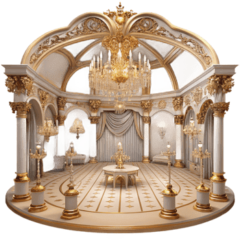 coveted baroque A grand ballroom with ornate chandeliers and gilded decorations, soft romantic lighting, luxurious atmosphere, rococo style, elegant figures dancing ultra HD png