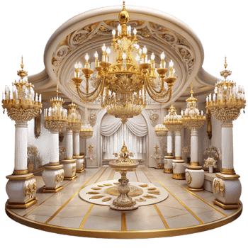 inspired avant garde A grand ballroom with ornate chandeliers and gilded decorations, soft romantic lighting, luxurious atmosphere, rococo style, elegant figures dancing 4K png