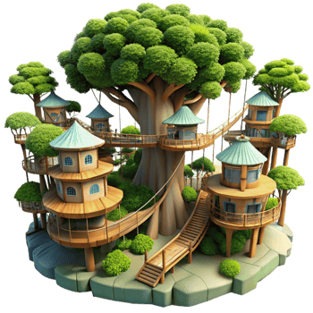 radiant notable A giant treehouse city interconnected by bridges and walkways, lush jungle setting, dappled sunlight, png