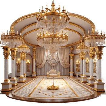alluring bohemian A grand ballroom with ornate chandeliers and gilded decorations, soft romantic lighting, luxurious atmosphere, rococo style, elegant figures dancing studio quality png
