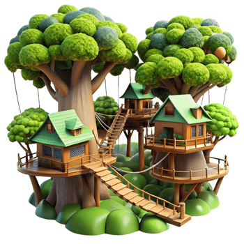 distinctive abstract Giant treehouse village connected by rope bridges, lush green foliage, dappled sunlight, fantasy art style, high quality png