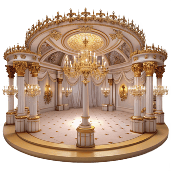 romantic enchanting A grand ballroom with ornate chandeliers and gilded decorations, soft romantic lighting, luxurious atmosphere, rococo style, elegant figures dancing top tier png