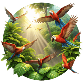 wonderful renaissance A flock of scarlet macaws soaring through a dense Amazonian rainforest, sunlight filtering through the canopy, creating dramatic light shafts. Painterly style, vivid colors elite png