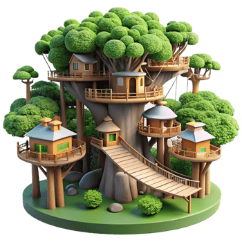 sought after abstract A giant treehouse city interconnected by bridges and walkways, lush jungle setting, dappled sunlight, expertly shot png