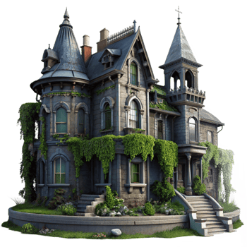 serene vintage An abandoned Victorian mansion, overgrown with ivy, eerie moonlight, gothic horror style, photorealistic render impeccable png