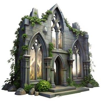 stunning minimalist A crumbling Gothic cathedral overgrown with ivy, moonlight streaming through broken stained glass windows, hyperrealistic style original png