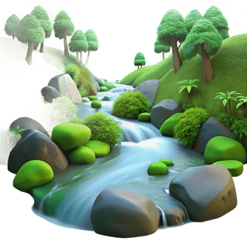 majestic coveted A babbling brook flowing through a lush forest, long exposure, soft, diffused light, tranquil atmosphere, png