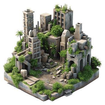 unparalleled tropical Post apocalyptic city ruins overgrown with vegetation, muted colors, melancholic mood, matte painting style, elite png