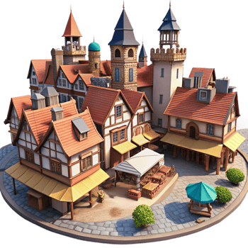 hypnotic intense baroque A sprawling medieval city with cobblestone streets and half timbered houses, bustling market scene, midday sunlight exclusive png