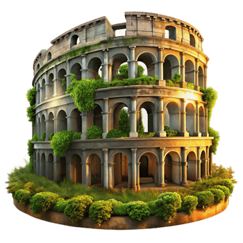 radiant coastal A crumbling Roman colosseum overgrown with vegetation, dramatic sunset lighting, photorealistic style refined png